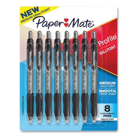 PAPER MATE Profile Ballpoint Pen, Retractable, Medium 1 mm, Black Ink, Translucent Black Barrel, PK8, 8PK 2095460